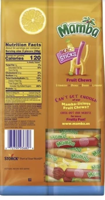 Mamba Beach Sticks by Storck | Limited Edition Fruit Chews | Strawberry Orange Banana Lemonade Flavor | No Artificial Colors | 35.7 oz