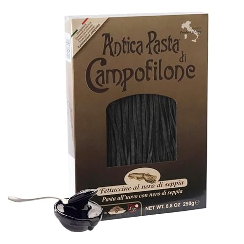 Campofilone Italian Squid Ink Fettuccine Egg Pasta | Marcozzi di Campofilone Traditional Dried Egg Pasta with Squid Ink Imported from Italy | 8.8oz