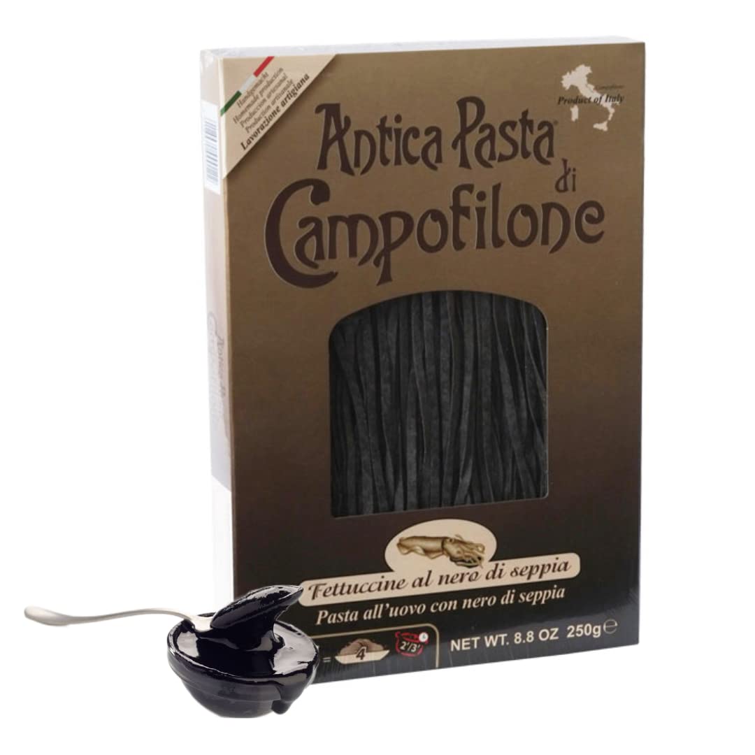 Campofilone Italian Squid Ink Fettuccine Egg Pasta | Marcozzi di Campofilone Traditional Dried Egg Pasta with Squid Ink Imported from Italy | 8.8oz