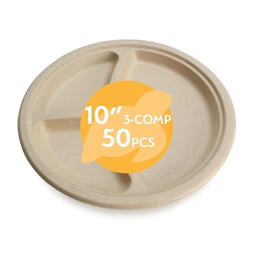 100% Compostable Disposable Paper Plates Bulk [10" 3-Comp 50 Pack], Bamboo Plates, Eco Friendly, Biodegradable, Sturdy Large Dinner Party Plates