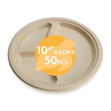 100% Compostable Disposable Paper Plates Bulk [10" 3-Comp 50 Pack], Bamboo Plates, Eco Friendly, Biodegradable, Sturdy Large Dinner Party Plates