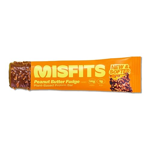 Misfits High Protein Bar, Peanut Butter Fudge, Non GMO, Plant Based Vegan Protein Bar, Low Sugar, High Fiber Snack