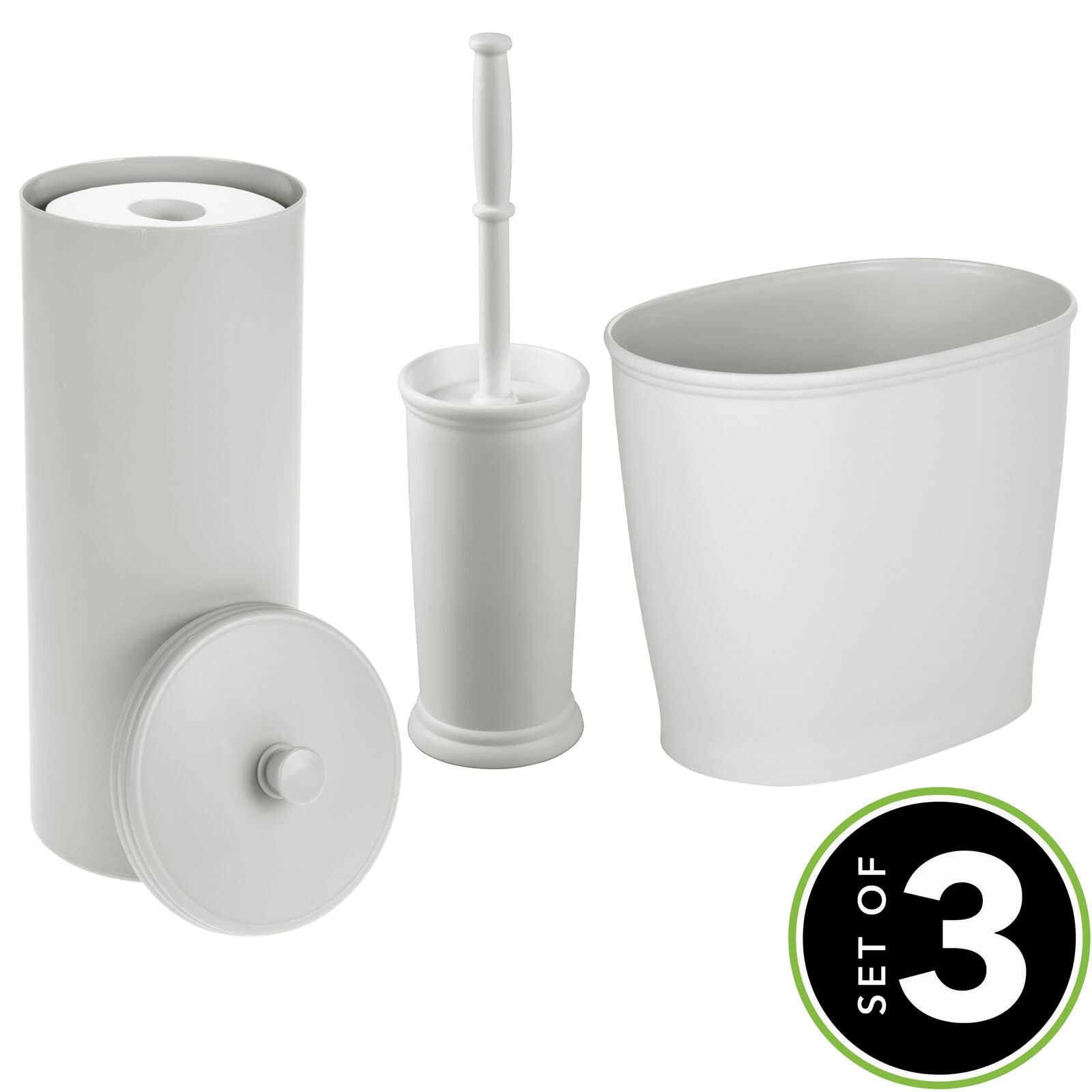 mDesign Plastic Modern Bathroom Storage and Cleaning Accessory Set - Includes Bowl Brush, 3-Roll Toilet Paper Canister, Wastebasket Trash/Garbage Bin