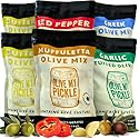 Olive My Pickle Live Culture Probiotic Mixed Olives - 6 Pack Olives Individual Packs of Butter Green Pitted Olives, Red Pepper & Garlic Stuffed Green