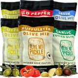 Olive My Pickle Live Culture Probiotic Mixed Olives - 6 Pack Olives Individual Packs of Butter Green Pitted Olives, Red Pepper & Garlic Stuffed Green