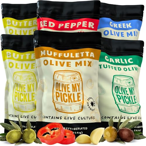 Olive My Pickle Live Culture Probiotic Mixed Olives - 6 Pack Olives Individual Packs of Butter Green Pitted Olives, Red Pepper & Garlic Stuffed Green