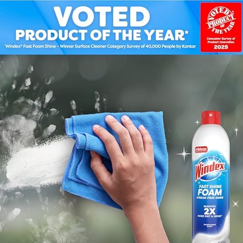 Windex Fast Shine Foam Glass Cleaner, No-Drip Windows, Doors, Mirrors & Countertops Aerosol Cleaning Spray, Streak-Free Shine, Removes Fingerprints