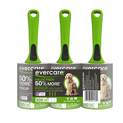 Evercare Pet Hair Lint Rollers All Purpose Use 100 Easy-Tear Sheets Per Roll Reusable Sticky Roller Pets Cat & Dog Hair Remover Contoured Handle