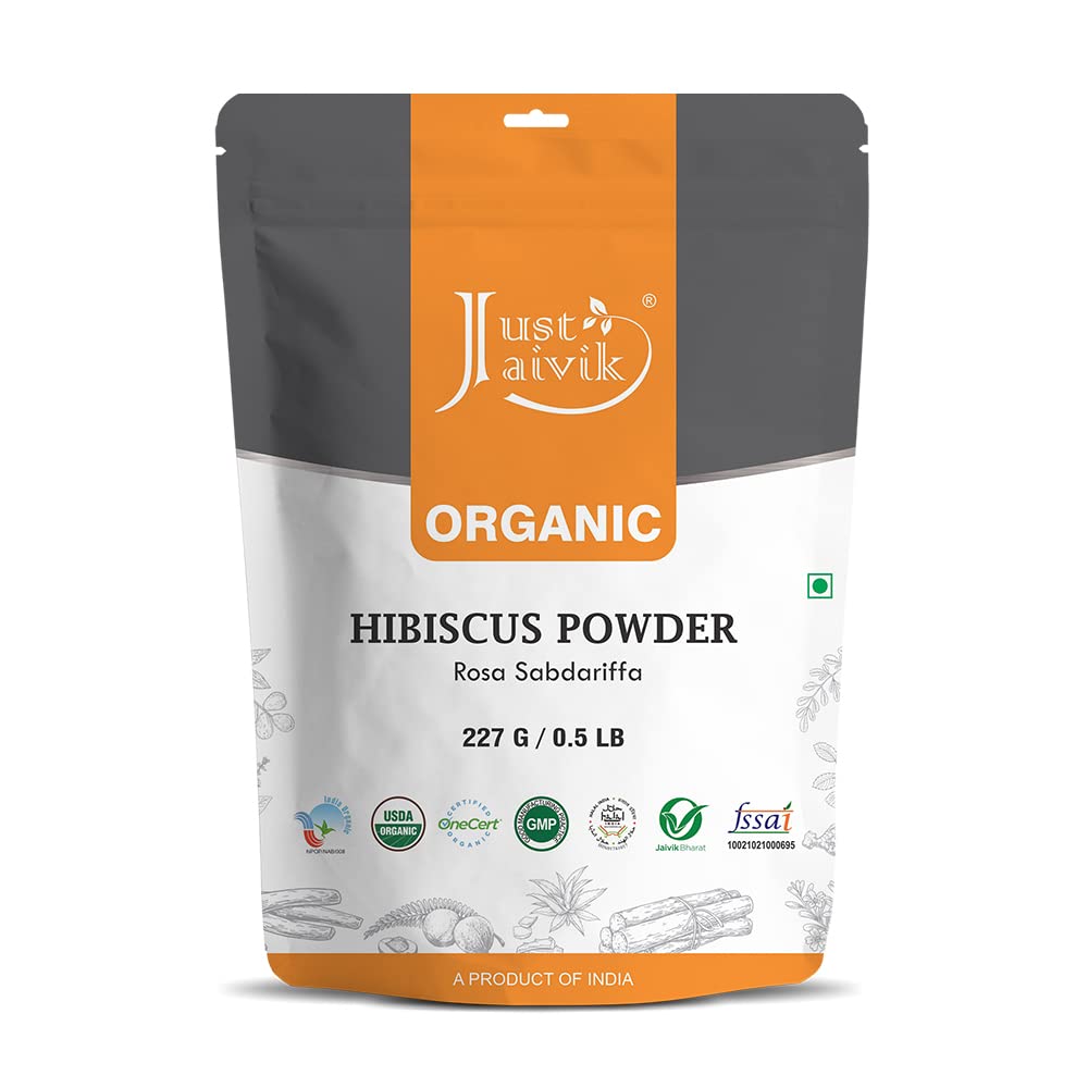 Just Jaivik 100% Organic Hibiscus Flower Powder (Hibiscus Sabdariffa) 1/2 LB, 08 oz, 227g USDA Certified Organic- Biodegradable Resealable Zip Lock