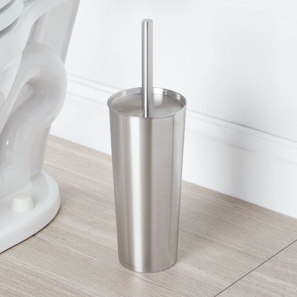 mDesign Slim Metal Toilet Brush Set - Modern Freestanding Holder for Bathroom - Practical With Rust-Resistant Finish - Silver