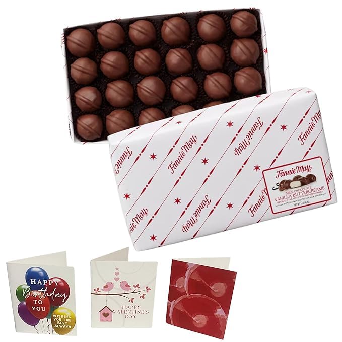 Fannie May Milk Chocolate Vanilla Buttercreams Signature Wrap 1 lb. Box - Gift Basket with Gift Tag & Insulated Box