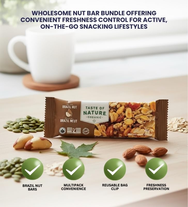 12x Taste Of Nature Bar Brazil Nuts Organic 1.41 oz Bundle with Plastic Bag Clip - Nut and Seed Bars with Brazil Nuts, Raisins, Almonds, and Cashews