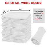 TALVANIA Shop Towels - Pack of 50 Reusable Cleaning Rags - Durable Quality Cotton - 13" x 13"- Machine Washable - Suitable for All Purposes (White)
