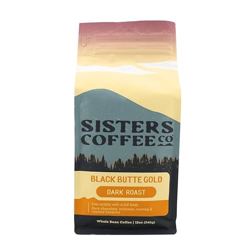 Sisters Coffee Company, Black Butte Gold - Whole Bean Coffee - Dark Roast - 12 Ounce Bag, Flavor Notes of Dark Chocolate, Molasses, Nutmeg and Roasted