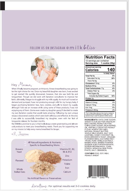 MilkBliss Peanut Butter Chip Soft Baked Lactation Cookies for Breastfeeding, All Natural and GMO Free Lactation Boosting Ingredients! Oats, Flaxseed, Brewers Yeast. 12 Count