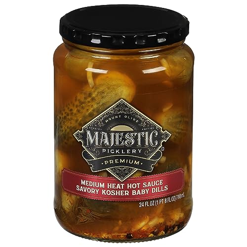Mt Olive, Majestic Picklery Premium Medium Heat Hot Sauce Savory Kosher Baby Dills Pickles, 24 Ounce
