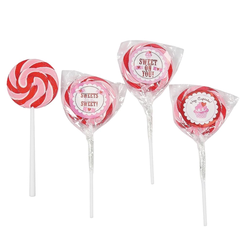 Sweet On You Valentine Swirl Suckers - Strawberry Flavor - Red White Pink (12 individually wrapped lollipops) Valentine's Day Candy