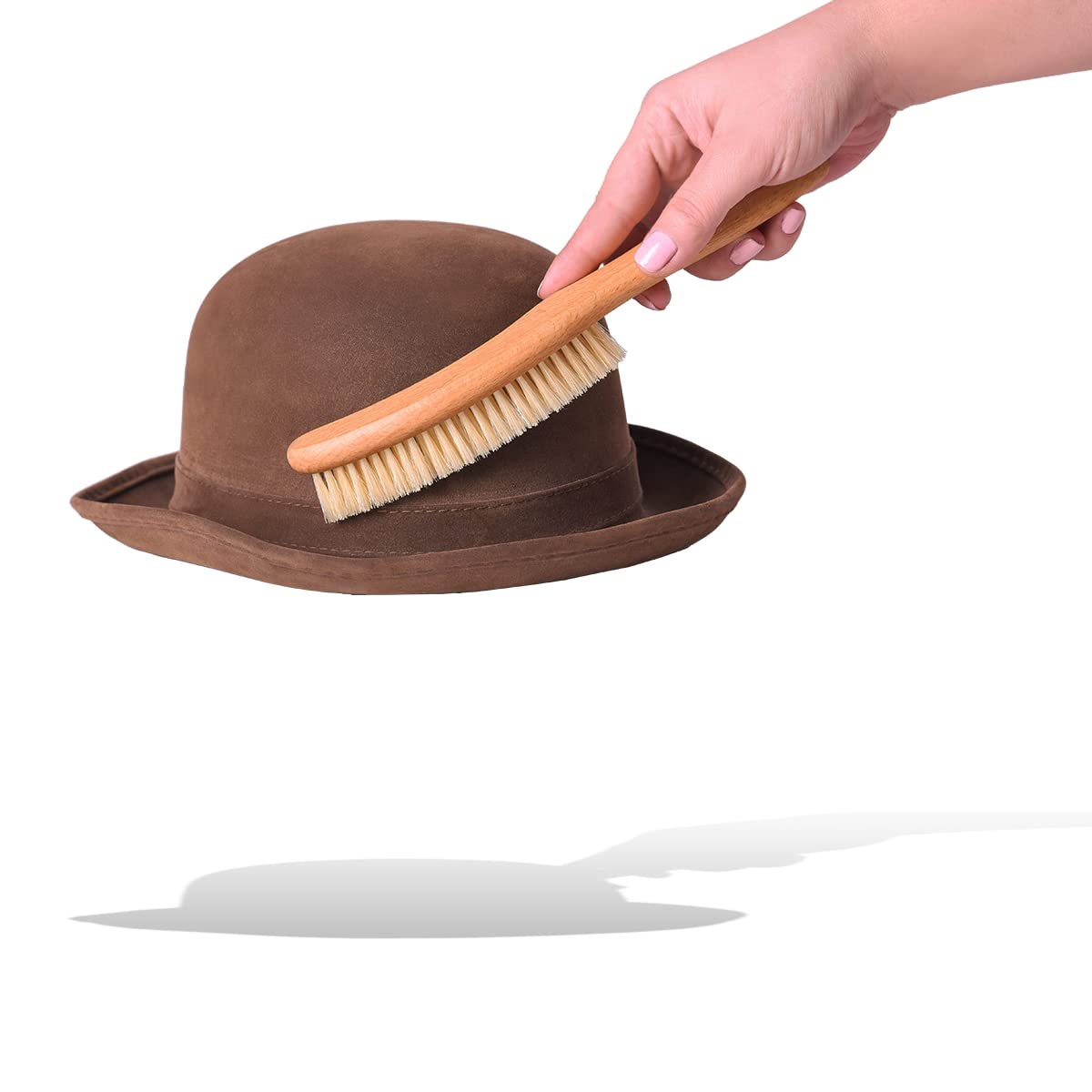 Valentino Garemi Hat Cleaning Brush - Genuine Boar Hair Bristles - Curved Wooden Handle - Removes Dust & Stains - Made in Germany (White Bristles)