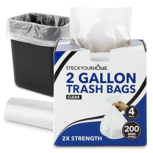 Stock Your Home Clear 2 Gallon Trash Bag (200 Pack) Un-Scented Small Garbage Bags for Bathroom Can, Mini Waste Basket Liner, Plastic Liners for Office