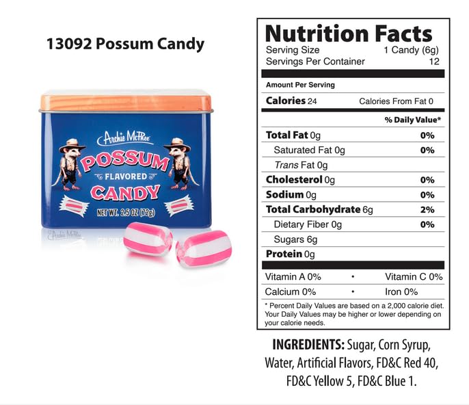 Archie McPhee Possum Flavored Hard Candy - 2.5 oz Tin, Individually Wrapped Pink and White Striped Candies, Tastes Like Possum, Novelty Gag Gift
