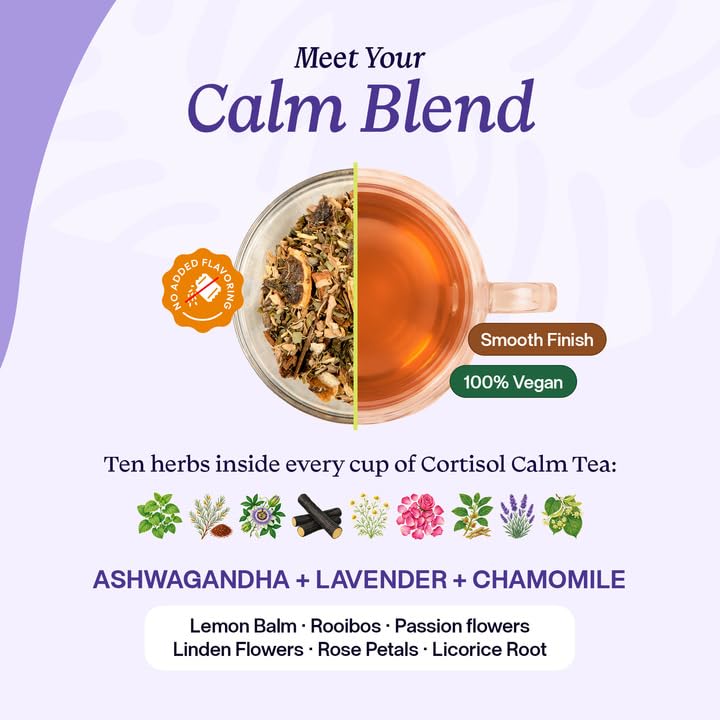Cortisol Calm Tea - 9-Herb Relaxation Formula - Ashwagandha Chamomile Lavender Lemon Balm Rooibos Passion Flowers Linden Flowers Rose Licorice - Vegan