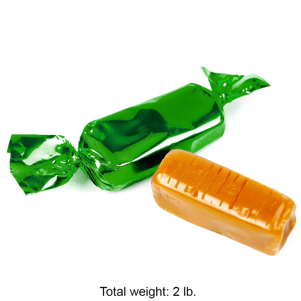 Fun Express - Green Foil Wrapped Caramels (2lbs) for Wedding - Edibles - Soft & Chewy Candy - Caramel & Licorice - 100 Pieces