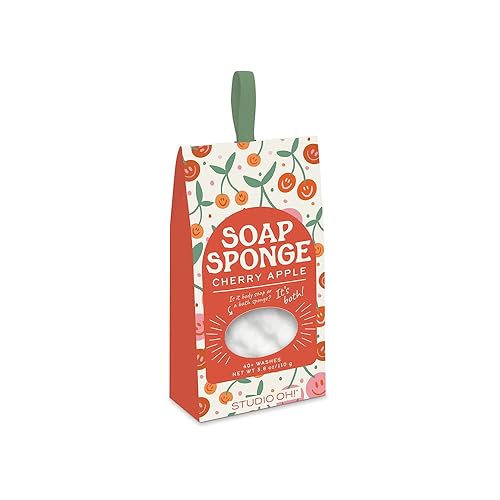Studio Oh! Be All Smiles Soap Sponge, Cherry Apple Scent - 2-in-1 Body Wash Infused Bath Sponge & Shower Scrubber with Hanging Ribbon, Up to 40