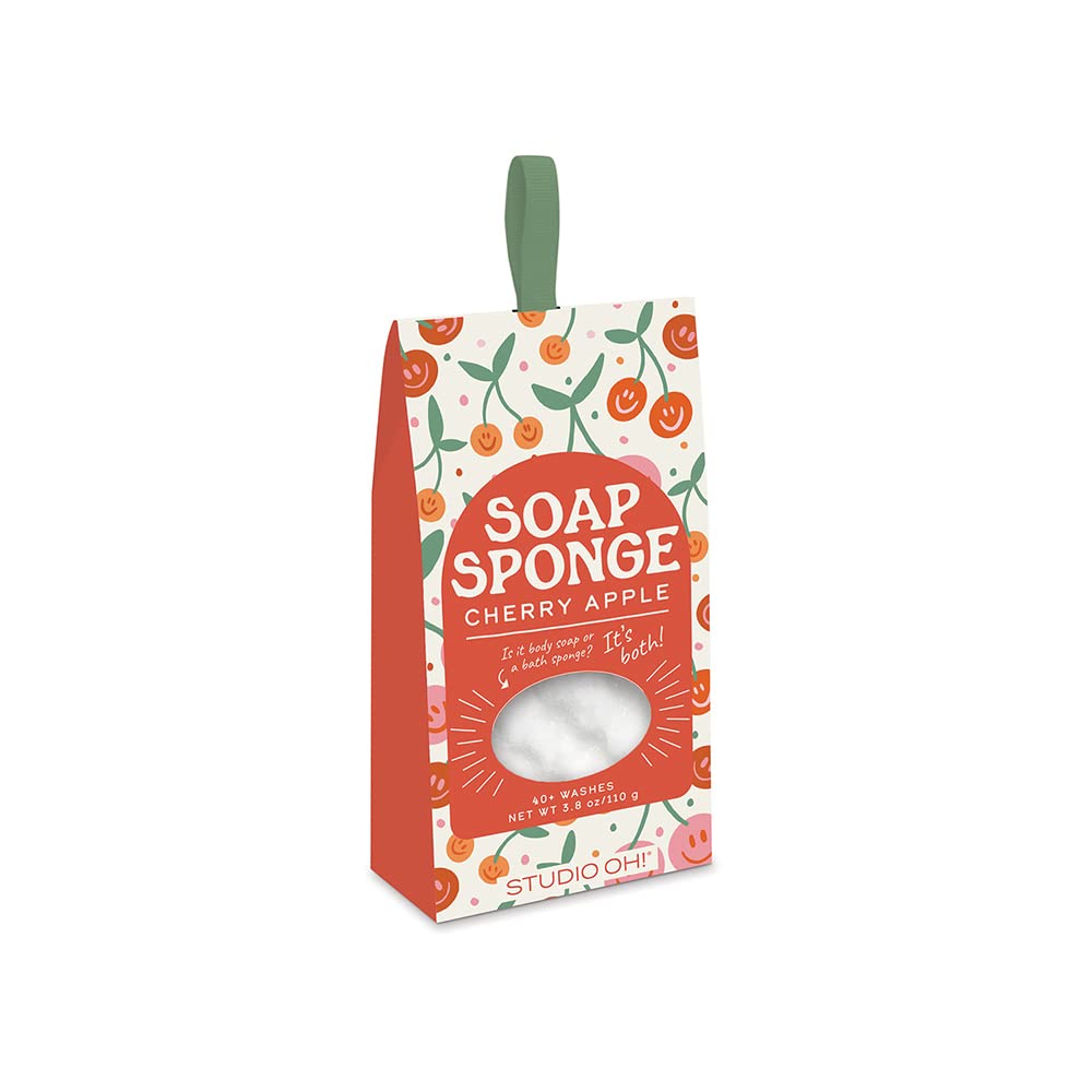 Studio Oh! Be All Smiles Soap Sponge, Cherry Apple Scent - 2-in-1 Body Wash Infused Bath Sponge & Shower Scrubber with Hanging Ribbon, Up to 40
