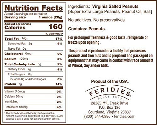 FERIDIES Virginia Salted Extra Large Peanuts Cooked in Pure Peanut Oil the Peanut Choice 9 Ounce (Pack of 4)