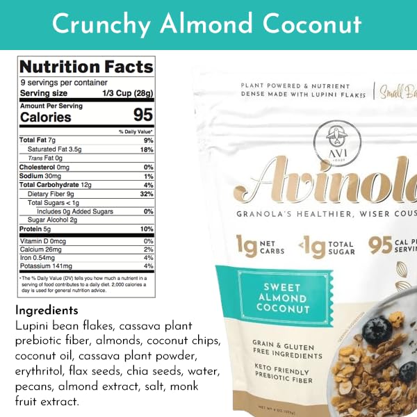 Crunchy Almond Coconut Granola - 9oz, Grain & Gluten Free, Keto, 5g of Protein and 9 g of Fiber, Zero Sugar Added, zero oats, made with lupini beans