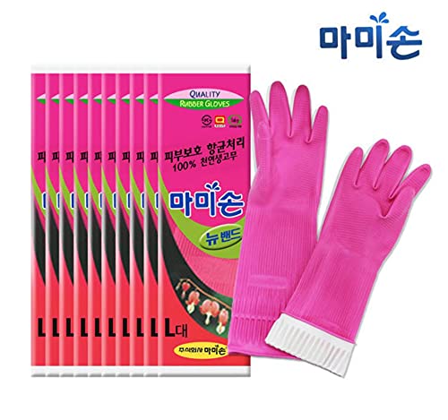Mamison Quality Kitchen Rubber Gloves (10 Pairs, Large) Non-Slip Reusable Latex Cleaning Gloves/ Made in Korea