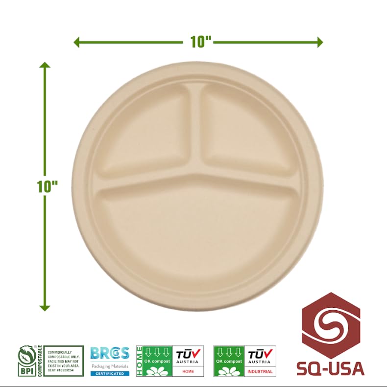 SQ USA 10 Inch Paper Plates, 3-Compartment -100 Pack, [BPI Certified], 100% Compostable, Biodegradable, Heavy Duty, Eco-Friendly Made of Bagasse…
