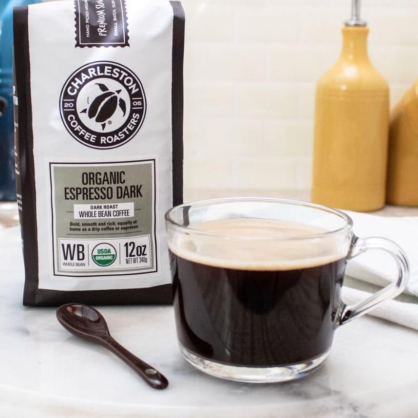 Charleston Coffee Roasters | Specialty Organic Whole Bean Coffee | Hand Picked, Premium Slow Roast | (Espresso Dark, Bold Roast) 12oz