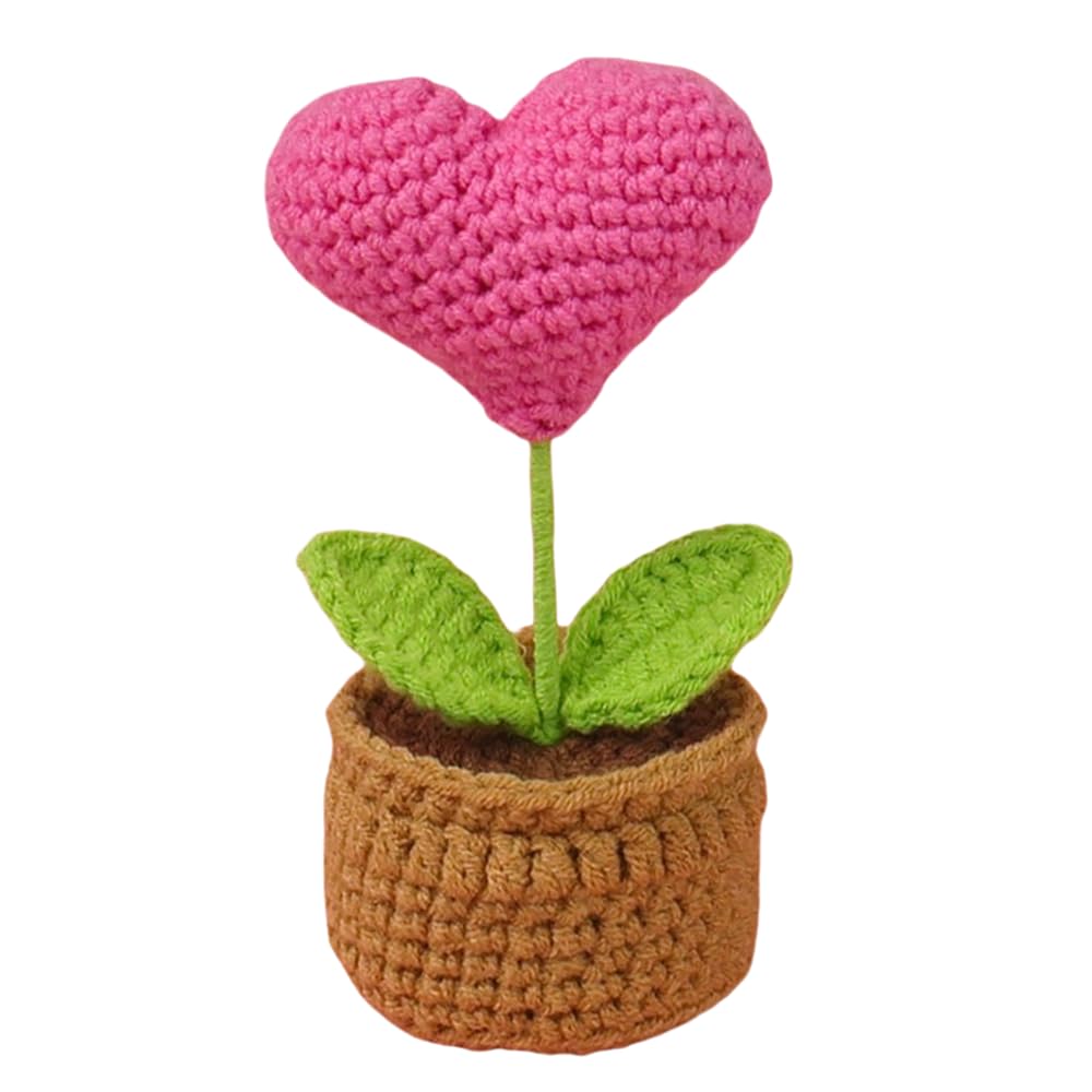Weaving mini love potted plants, mini knitted potted plants, finished office decorations (Rose Red)
