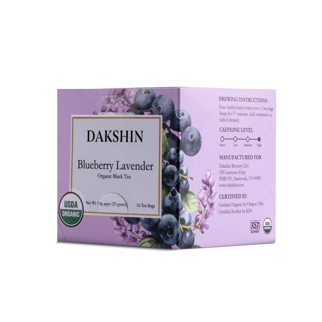 DAKSHIN Organic Blueberry Lavender Tea Bags | Black Tea with Lavender Petals, Dried Blueberry & Rosehip | Antioxidant & Focus Support Tea | USDA