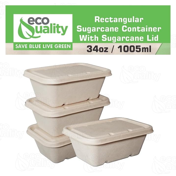 EcoQuality 34oz Disposable Bowls with Fiber Lids - Rectangular Compostable Sugarcane Fiber Biodegradable Paper Bowls Eco-Friendly Take Out Food