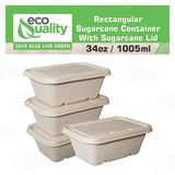 EcoQuality 34oz Disposable Bowls with Fiber Lids - Rectangular Compostable Sugarcane Fiber Biodegradable Paper Bowls Eco-Friendly Take Out Food