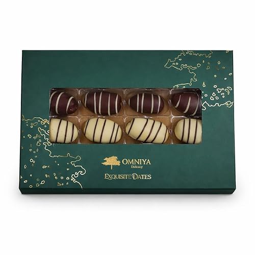 OMNIYA Delicacy - Chocolate Exquisite Dates Box (1 Count, 16-Piece Medjool Dates) - Stuffed & Coated with Milk Chocolate, Pistachio, Caramel & Lotus