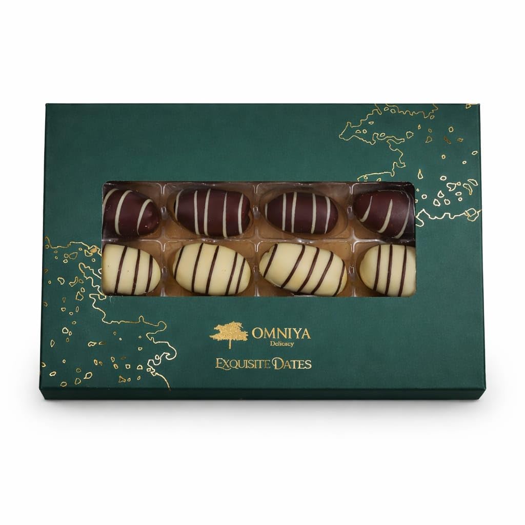 OMNIYA Delicacy - Chocolate Exquisite Dates Box (1 Count, 16-Piece Medjool Dates) - Stuffed & Coated with Milk Chocolate, Pistachio, Caramel & Lotus