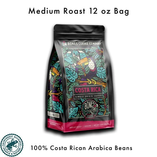 Bones Coffee Company Costa Rica Single-Origin, Cocoa, Nutty and Milk Chocolate Notes, Ground Coffee Beans, Low Acid Medium Roast Arabica Beans