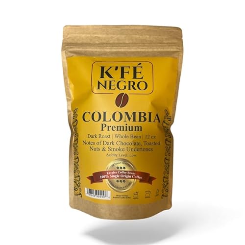 K’FE Negro Premium Colombia Excelsa Coffee Beans, Dark Roast Whole Bean, Single Origin, 12 oz