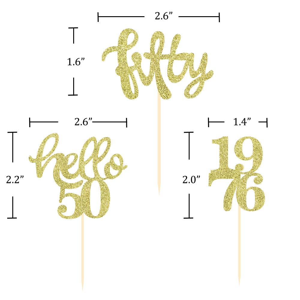 24 Pcs Gold Glitter 50th Birthday Cupcake Toppers for 50th Birthday Celebrating Party Decorations