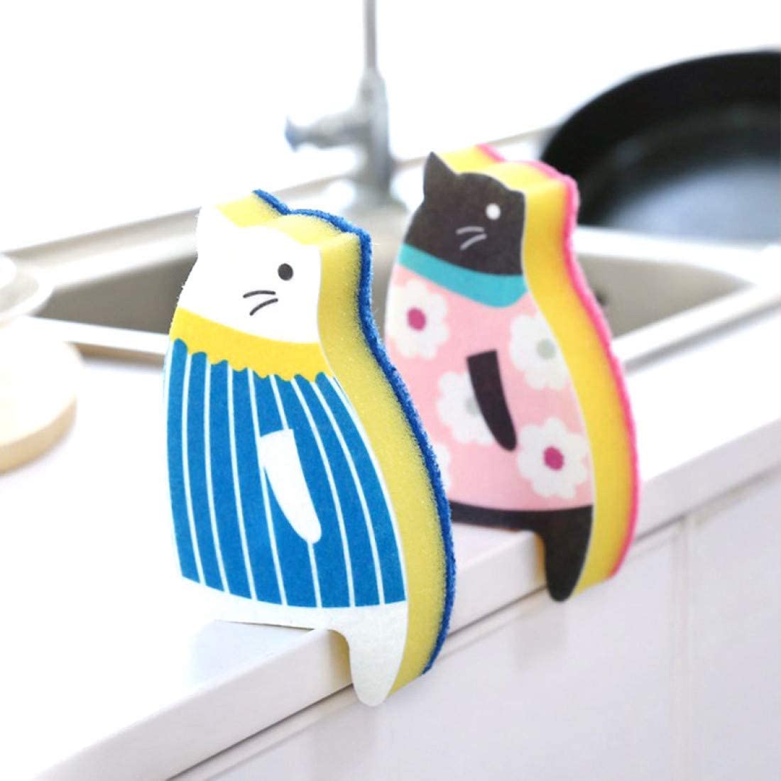 Sink Cat Dish Sponge Scrubber for Washing Dishes Dishwashing Cloth Scrubber Pack of 4 (BluePink Set)