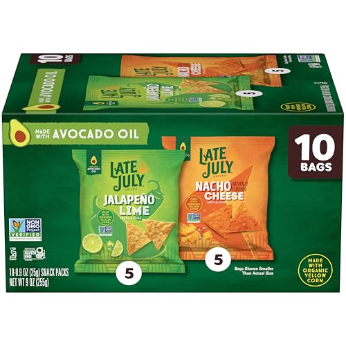 LATE JULY Snacks Variety Pack Tortilla Chips, 0.9 Oz 10 Count Snack Bags