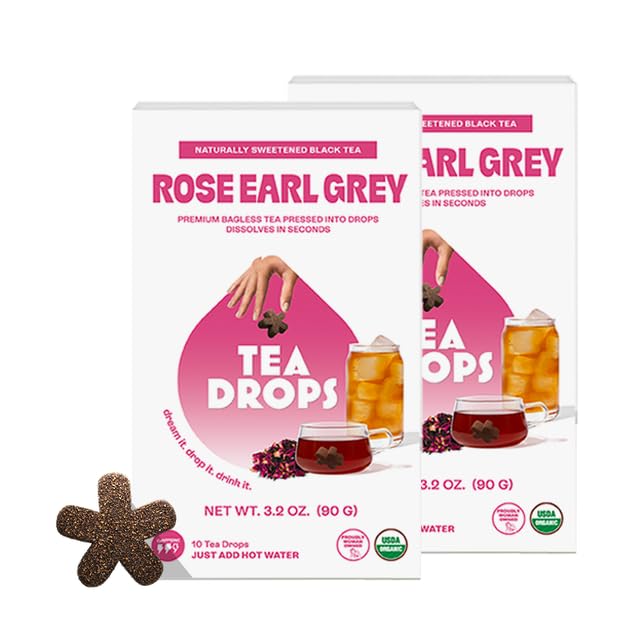 Tea Drops Rose Earl Grey Tea With Organic Rose Petals | Organic Bagless Loose Leaf | Prebiotic, Nutrient Rich Caffeinated | Iced or Hot | 2 Pack - 20