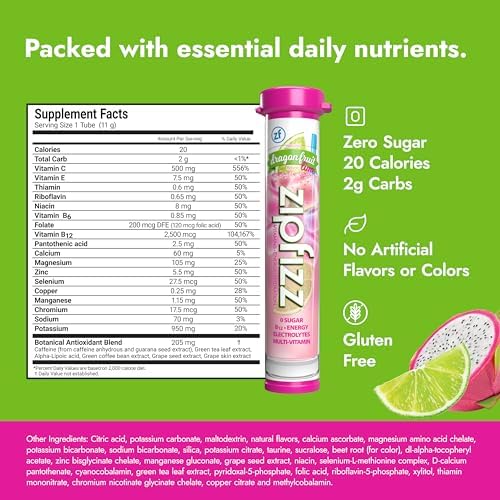 Zipfizz Daily Energy Drink Powder, Dragon Fruit Lime, 20 Pack | 3-in-1 Sustained Energy, Rapid Hydration, and Essential Vitamins | Sugar-Free |