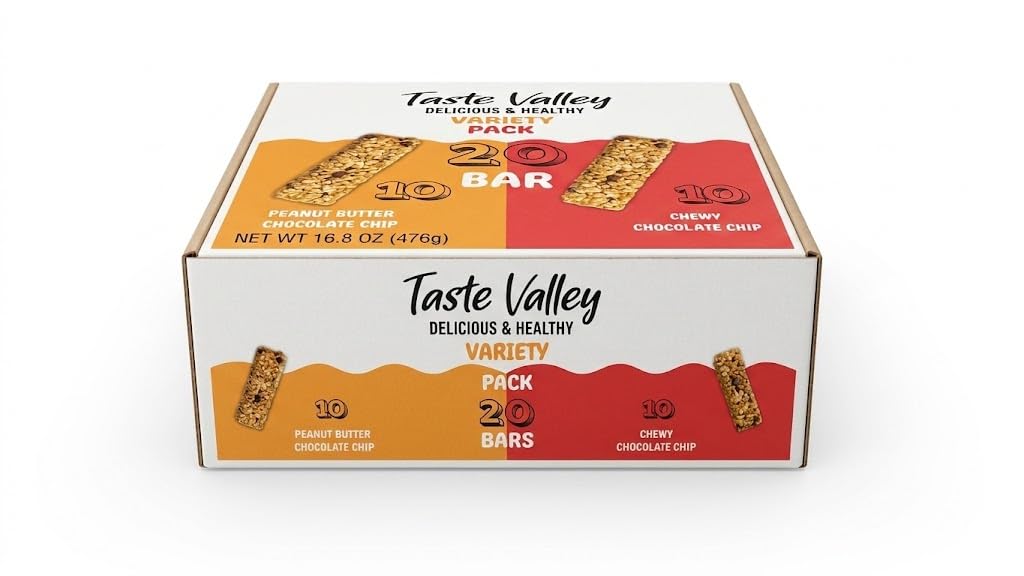 Taste Valley Granola Bars Variety Pack | Chocolate Chip & Peanut Butter Chocolate Chip | 20 Count, 16.8 oz | 100 Calories, Whole Grain Oats | No