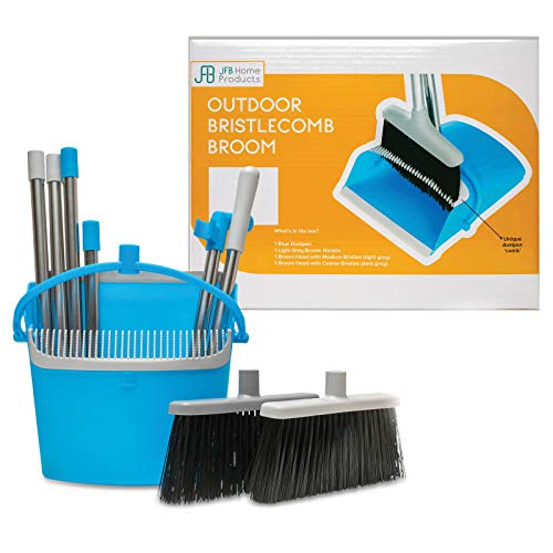 JFB Home Products BristleComb Outdoor Broom & Dustpan Set Upright, 49" Long Adjustable Broom, Long Handle, Self-Cleaning Comb & 2 Interchangeable