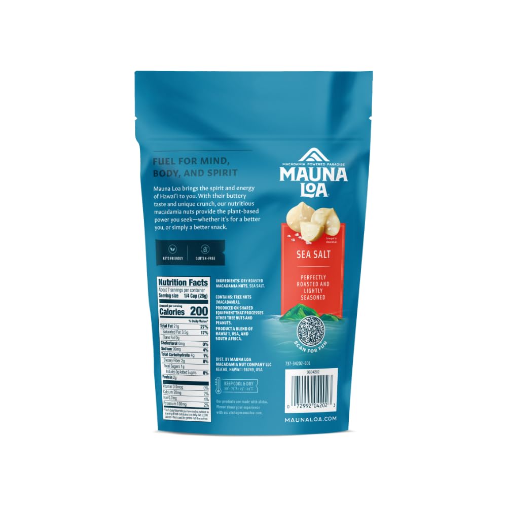 Mauna Loa Sea Salt Roasted Macadamia Nuts, 7 oz Resealable Bag, Keto Friendly, Gluten Free, Healthy Snack