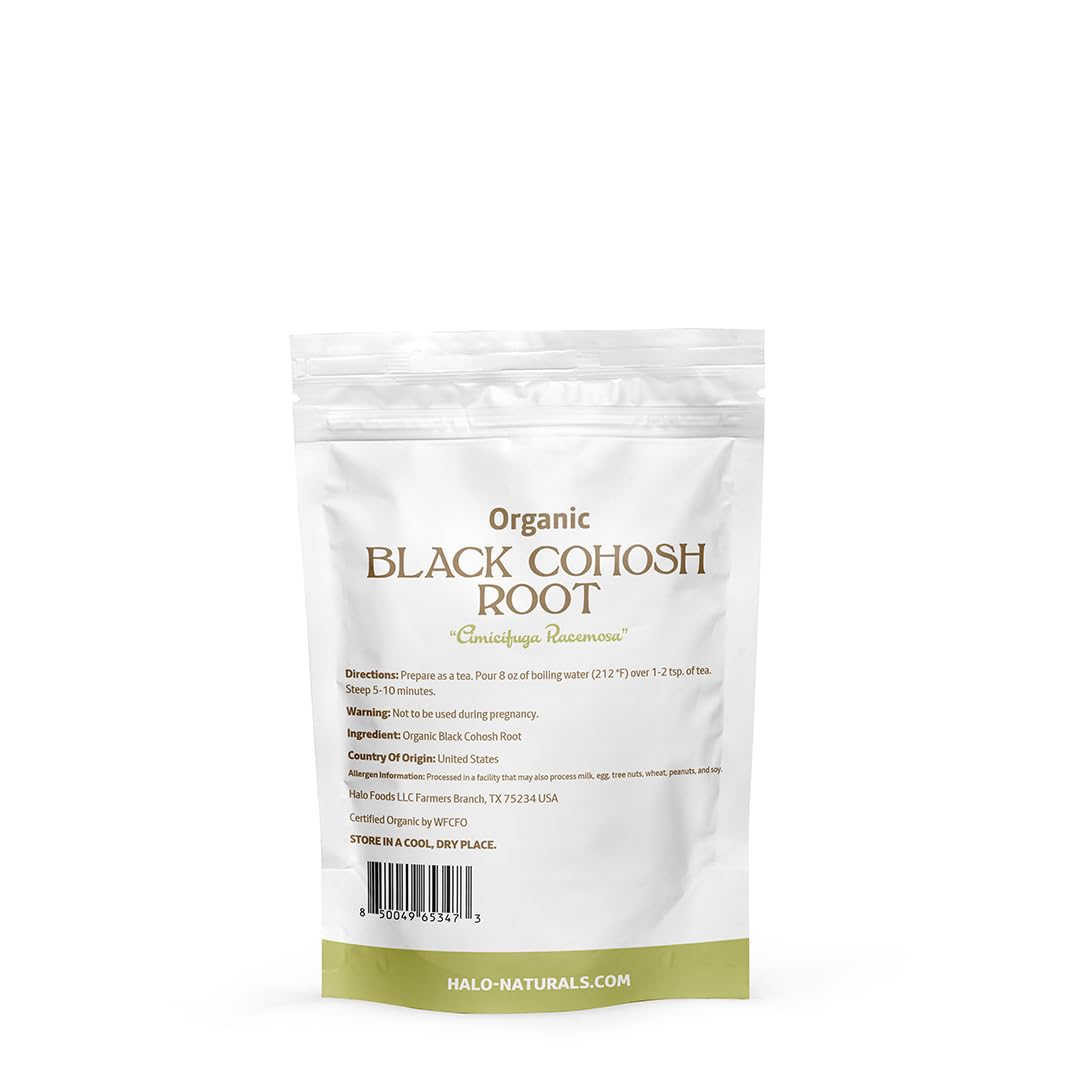 Halo Naturals Organic Black Cohosh Root Cut & Sifted, 4 Ounces (Cimicifuga racemosa) USDA Certified | Resealable Pouch| Packaged in The USA